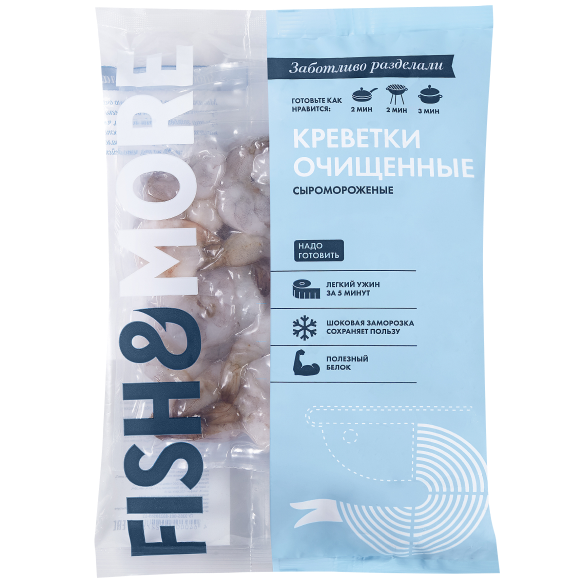 "FISH & MORE" креветки Ваннамей “Королевские“ очищенные с хвостом без пищевого тракта